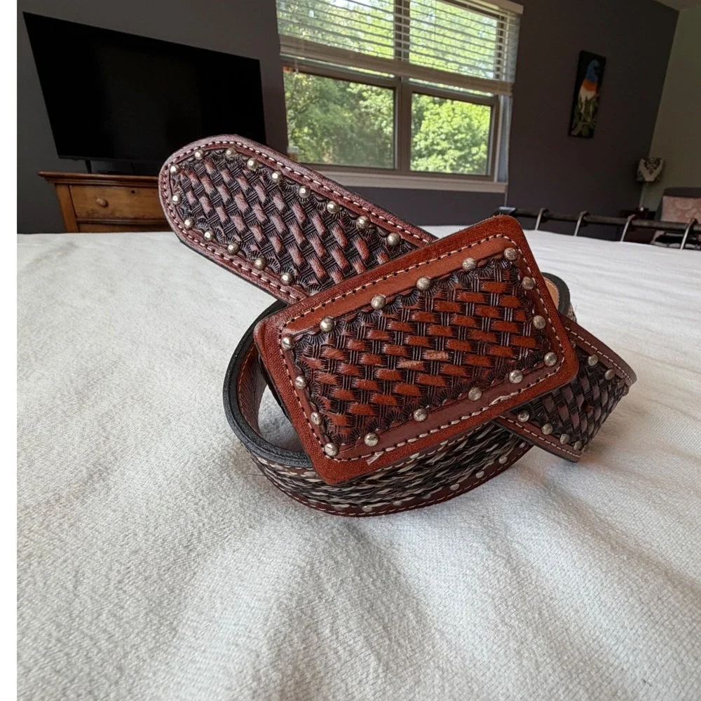 Western Brown Leather Basketweave‎ Studded Belt Horsehair Inlay Made in Mexico